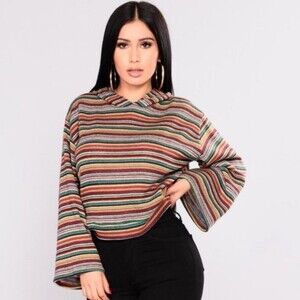 Fashion Nova Striped Knit Hoodie with Flare Sleeves